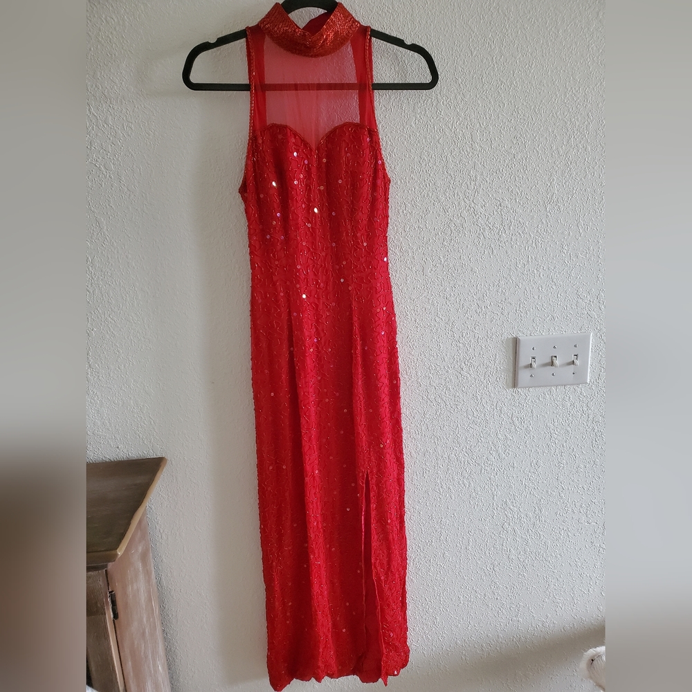 Sean Vintage 80s 90s Red Sequin Beaded Silk Formal Party Prom Pageant Dress S